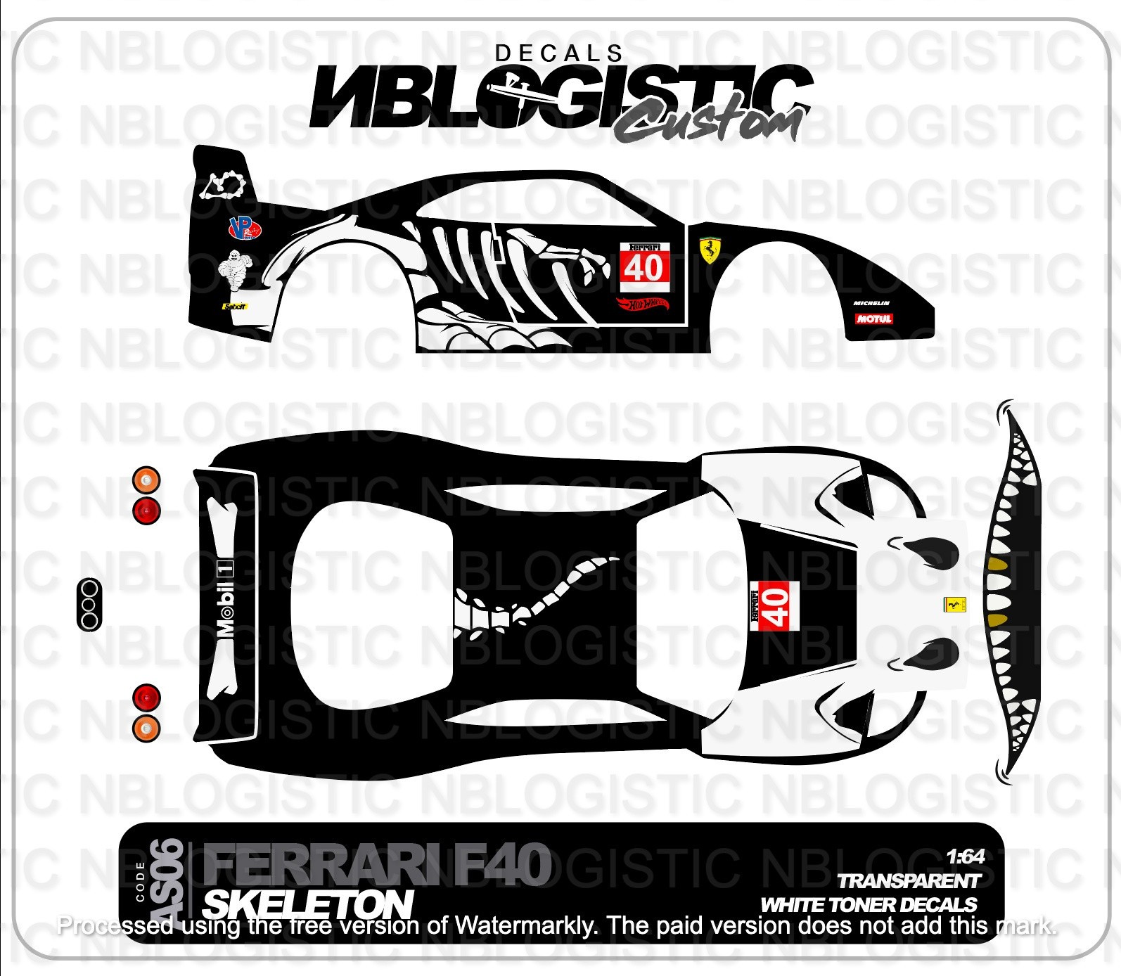Ferrari F40 Competizione Custom WaterSlide Decal for hot wheels 1/64 a1