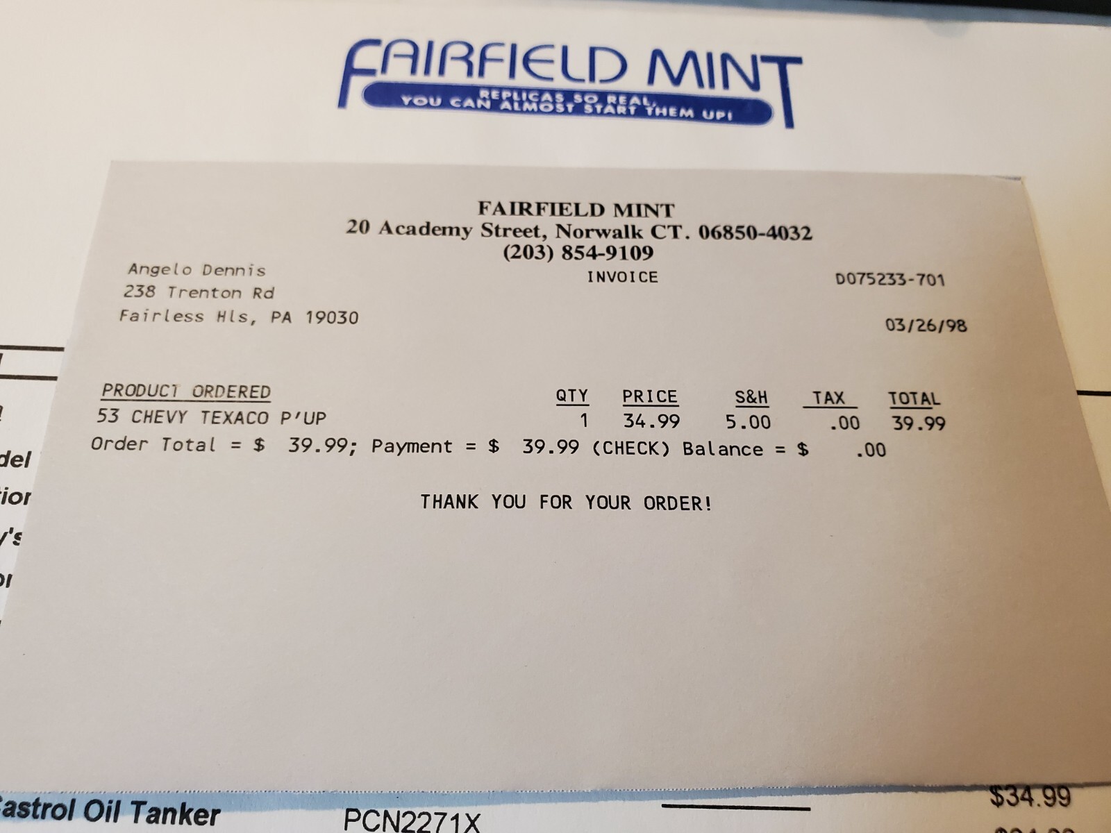 Vintage Fairfield Mint 1953 Texaco Chevy Pick-Up Dark Green Metallic OB & Papers