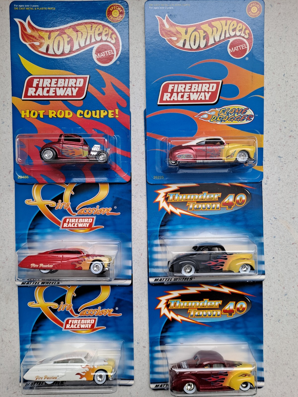 Hot Wheels Firebird Raceway 6 car lot Coupe Flame Dragger Fire Passion 40 RR LE