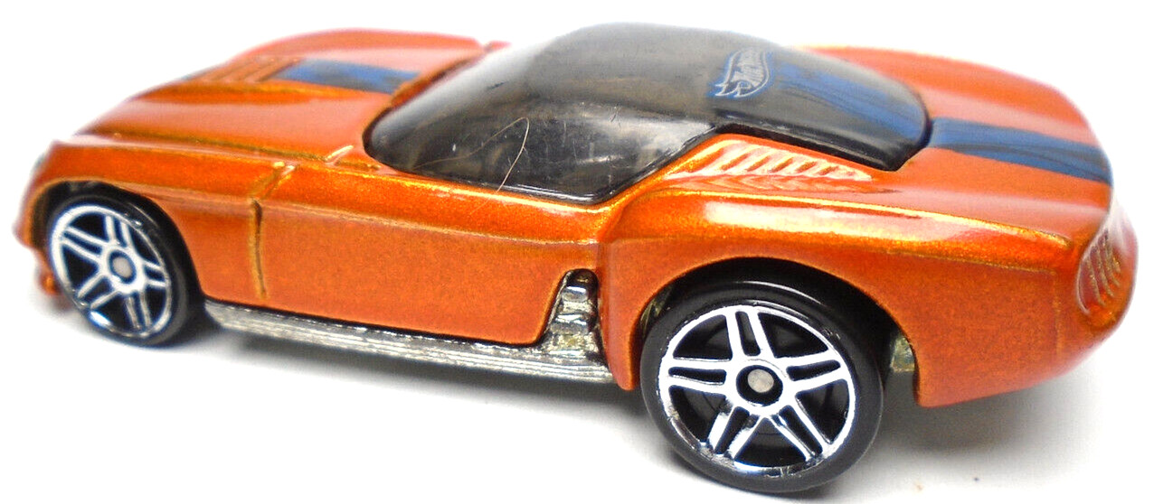 2001 HOT WHEELS PONY-UP ORANGE 1:64 DIECAST 2 3/4″ CAR WITH BLACK & BLUE FLAMES