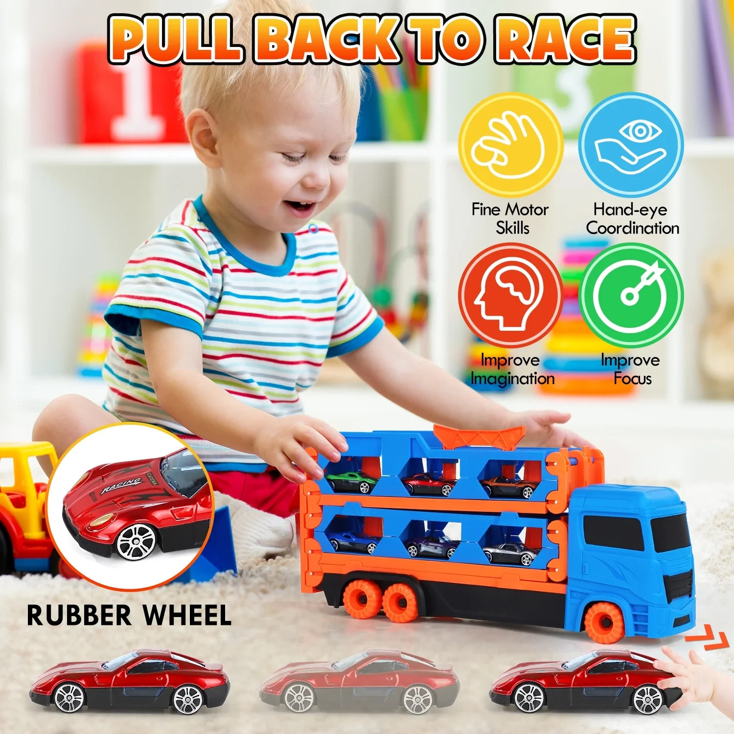 Race Track Toys for Kids 3-6, Double Decker Transport Truck with cars