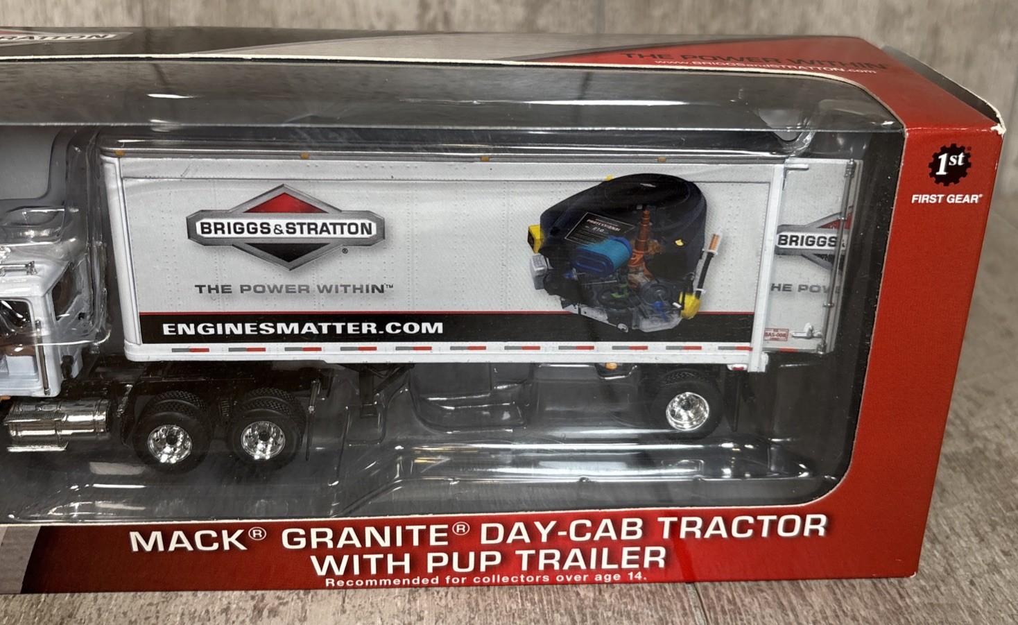 1/64 First Gear Briggs & Stratton Mack Granite Day-Cab Tractor w/ Pup Trailer