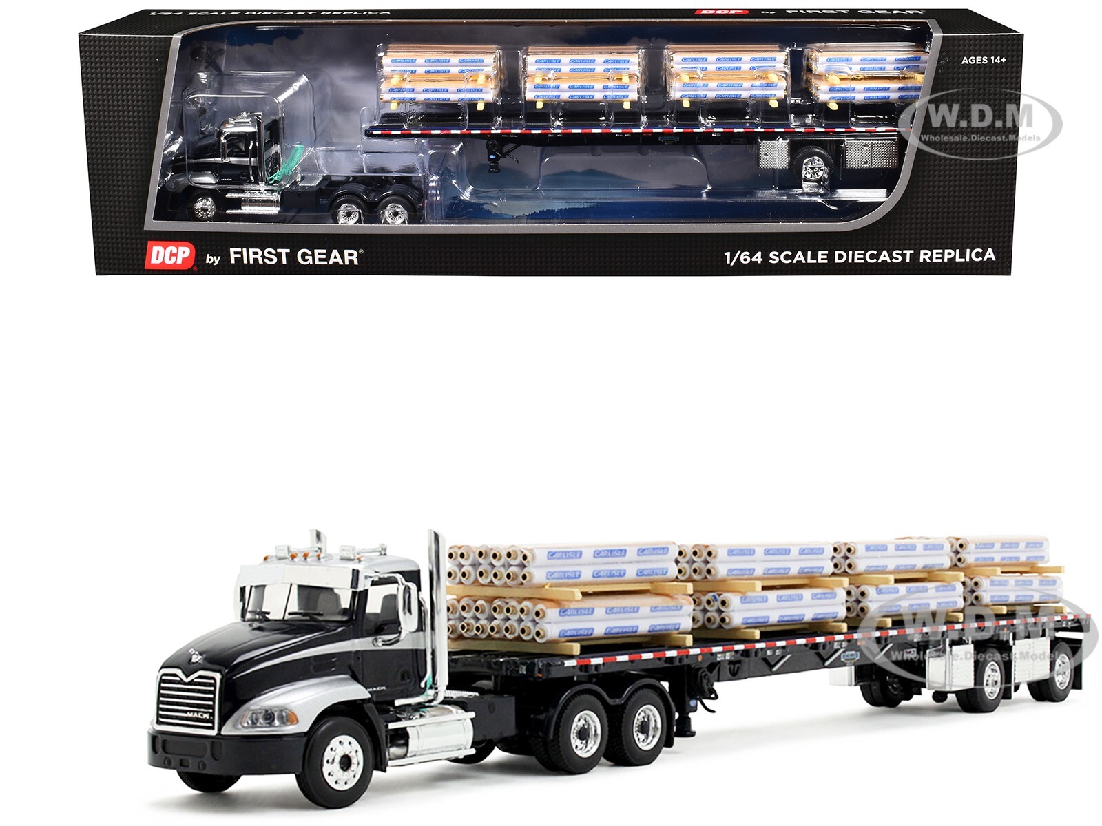 MACK PINNACLE DAY CAB W/FLATBED & PALLETS BLACK 1/64 BY DCP/FIRST GEAR 60-1954
