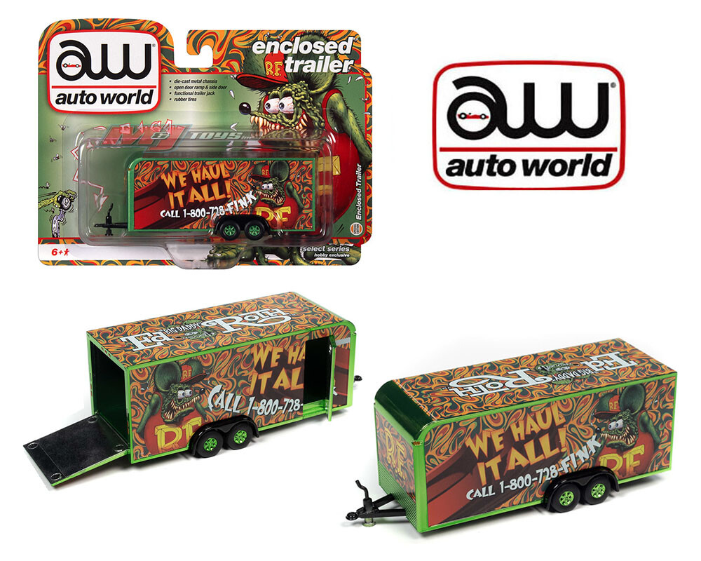 Auto World 1:64 4-Wheels Enclosed Trailer Green “Rat Fink” Diecast AWSP106