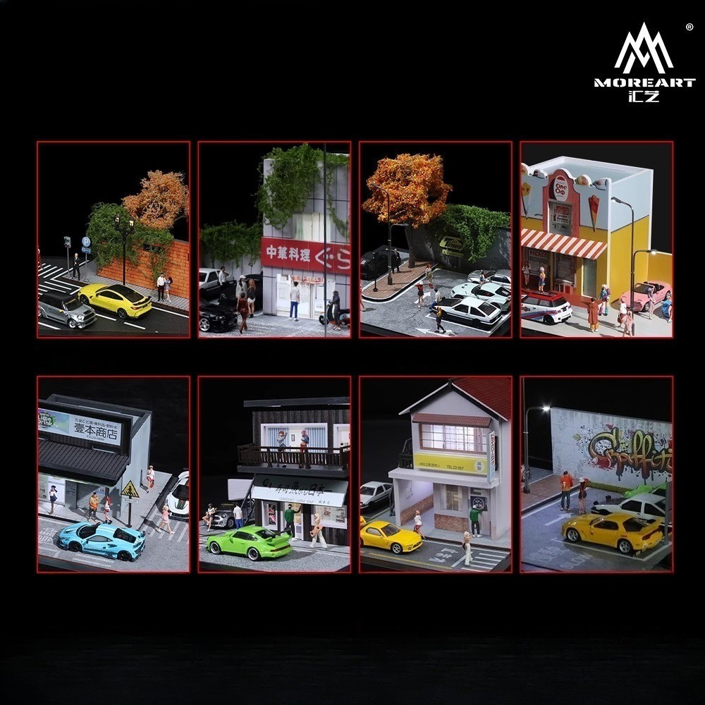 US Diorama 1/64 Diecast Car Garage Model LED Light Street Building Display Scene