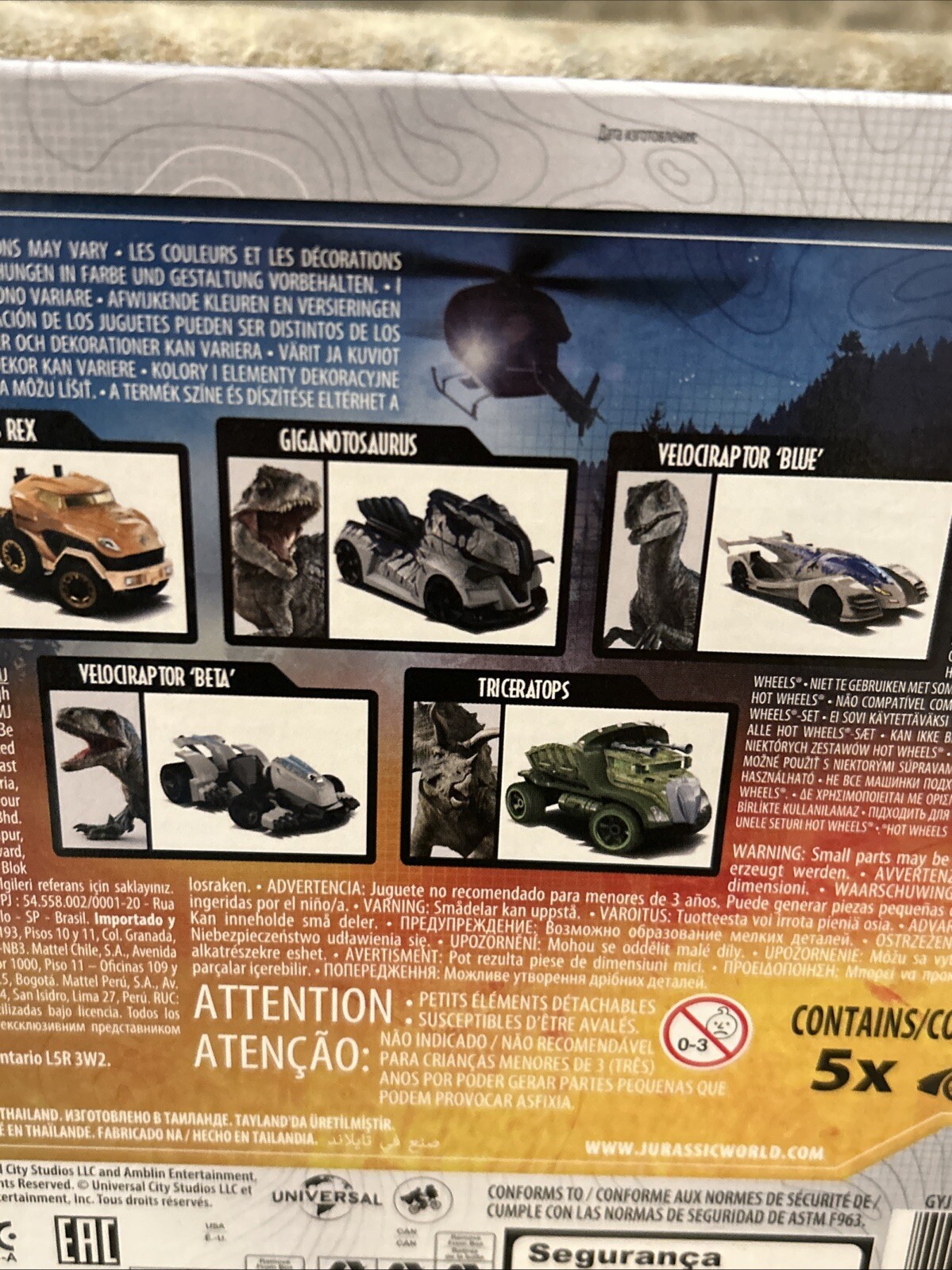 Hot Wheels Jurassic World Dominion 2022 Dinosaur Character Car 5 Pack Bx Set New