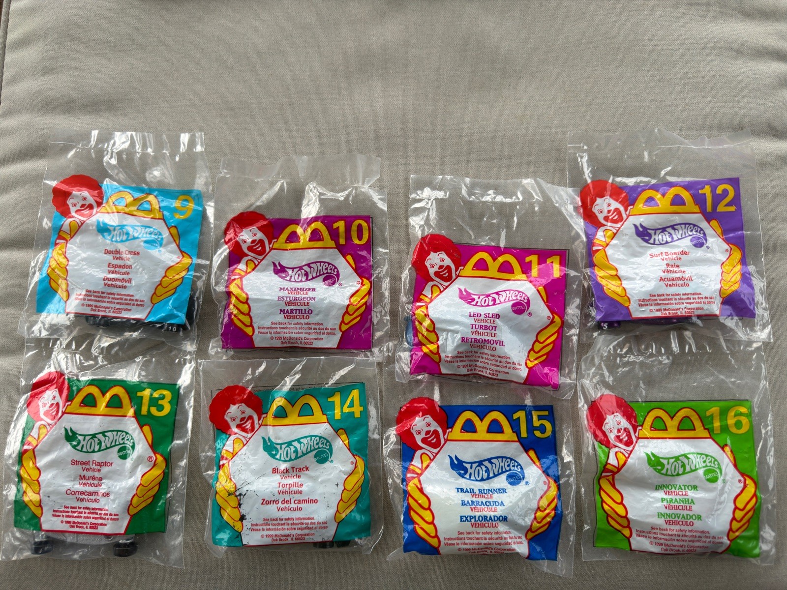 1999 Hot Wheels McDonalds Happy Meal Toys number 9 through 16 8 toys NIP