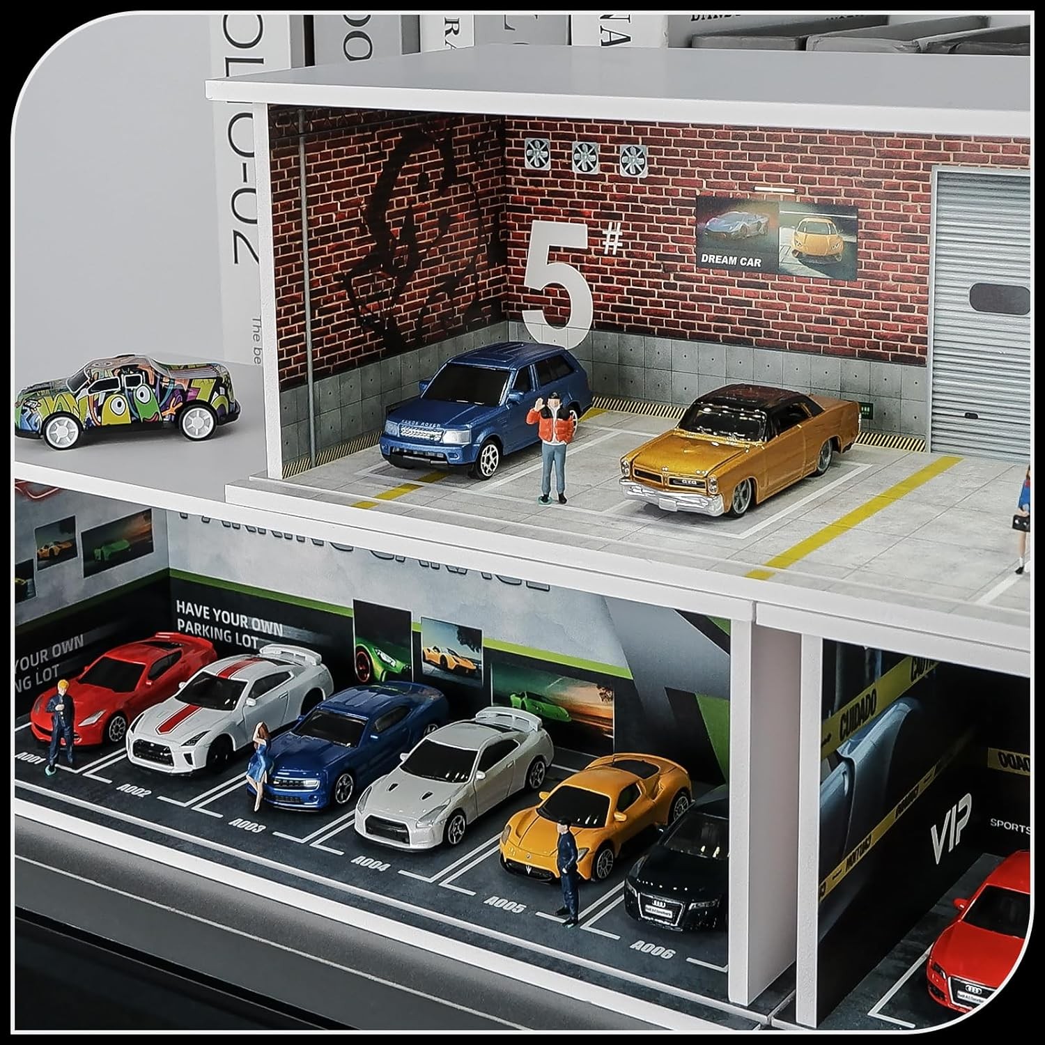 1/64 Diorama Car Garage Model LED Lighting City Parking Lot Scene Building Model