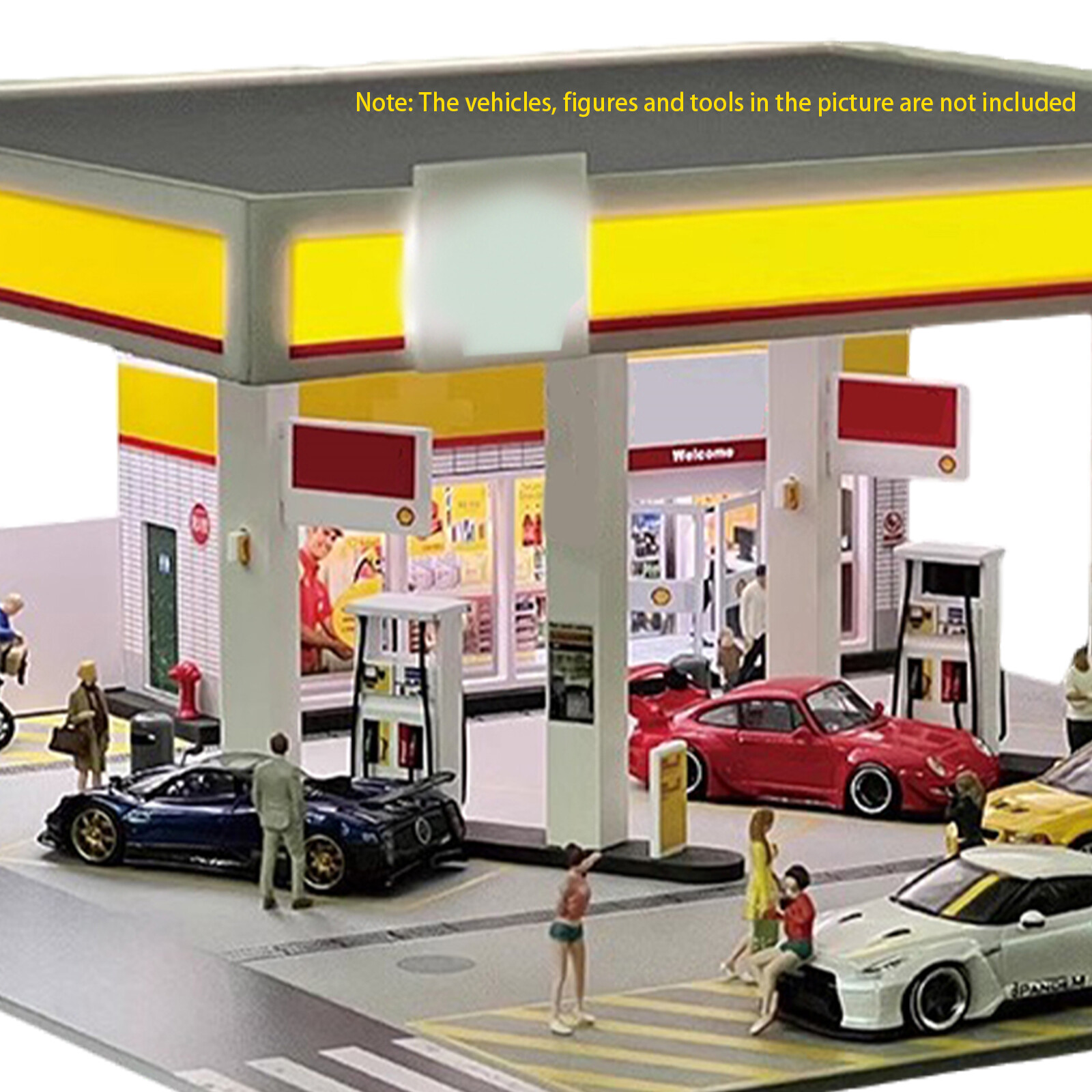 Diorama 1/64 Car Garage Model LED Lighting Gas Stations Parking Lot Scene Model