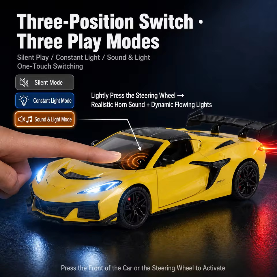 1:32 Corvette C8 ZR1X Diecast Toy Car Pull Back Sound Light Model Collectible