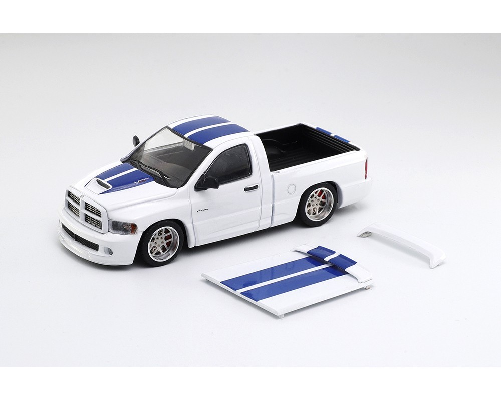 SHOOM64 2003 Dodge Ram SRT-10 Pickup White with Blue Racing Stripes 1/64