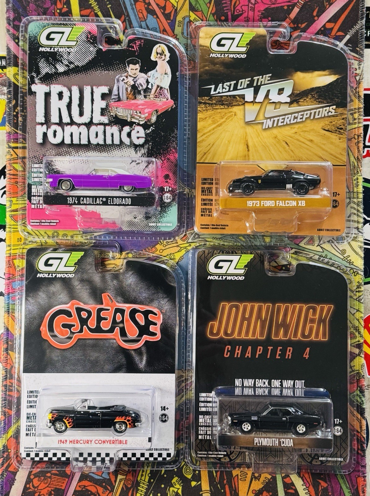 Greenlight Hollywood 1:64 Set/Lot X4 Grease Ford Falcon John Wick Cuda Cadillac
