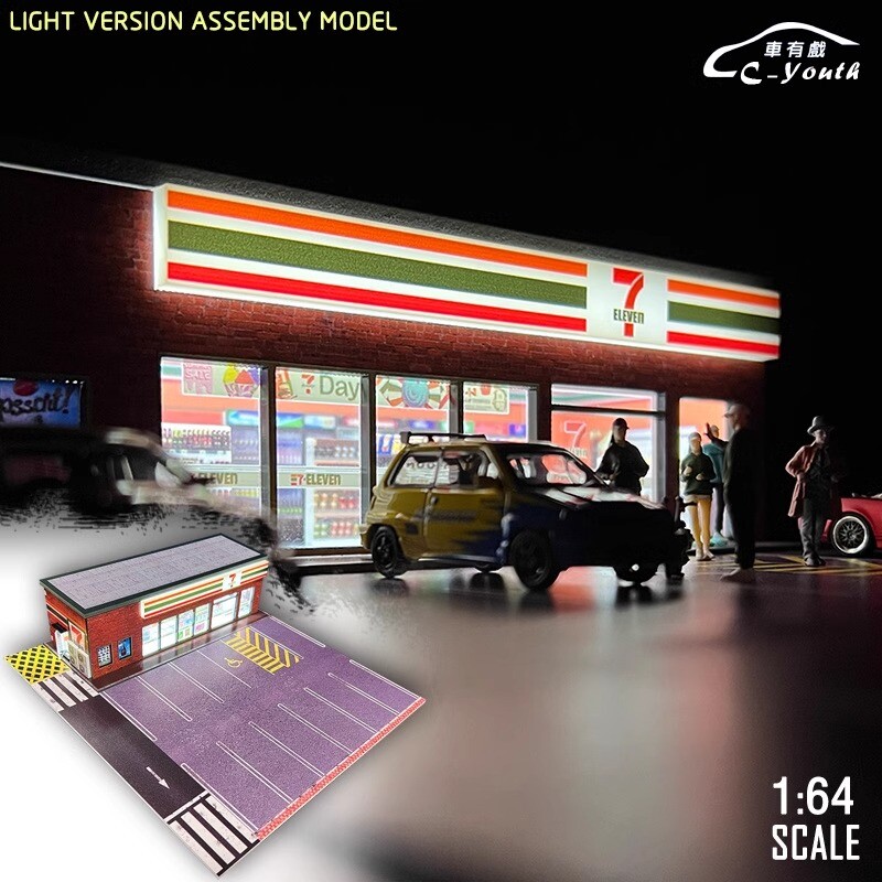 1/64 Diorama Diecast Car Garage Model LED City Street Convenience Scene Models
