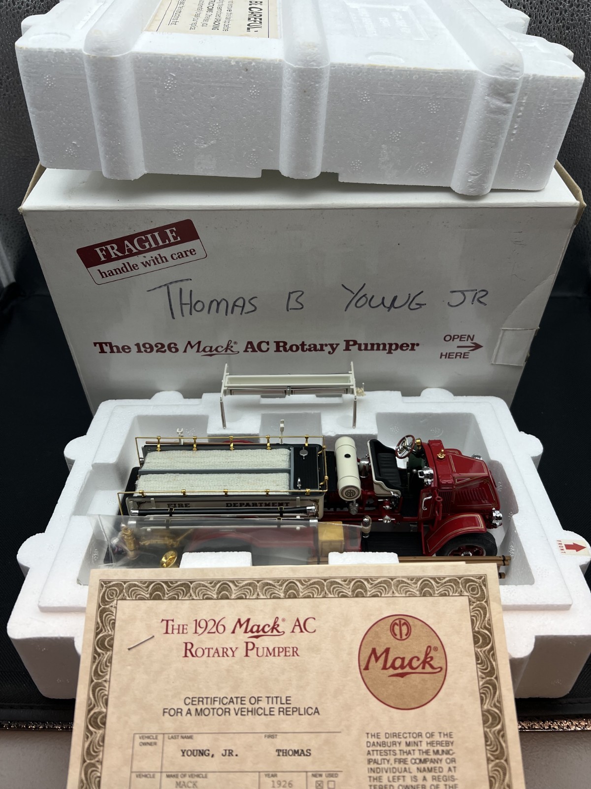 Vintage Danbury Mint 1926 Mack Ac Rotary Pumper In Box, W/COA, NIB, NEVER DISPLA