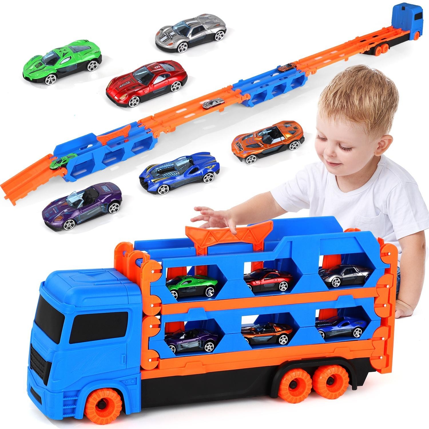 Race Track Toys for Kids 3-6, Double Decker Transport Truck with cars