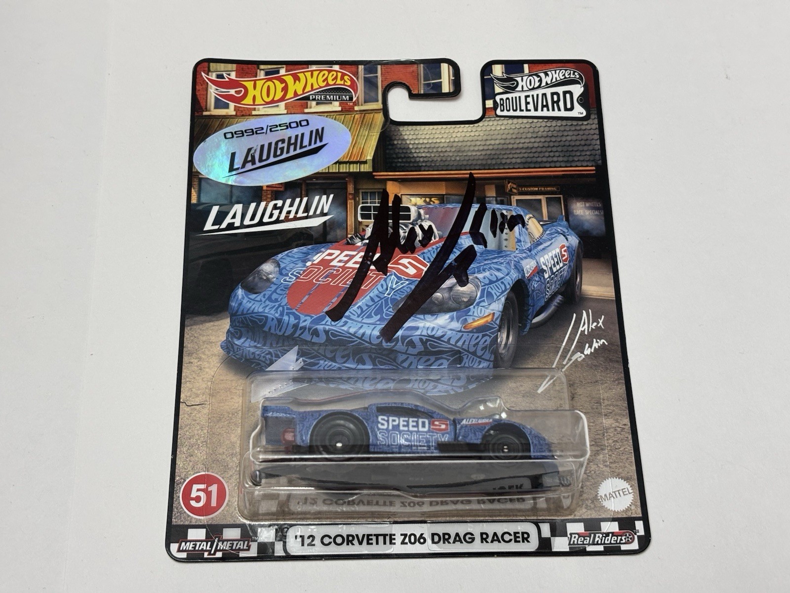 Hot Wheels Boulevard #51 Signed Laughlin ’12 Corvette Z06 Drag Racer (Blue) CASE