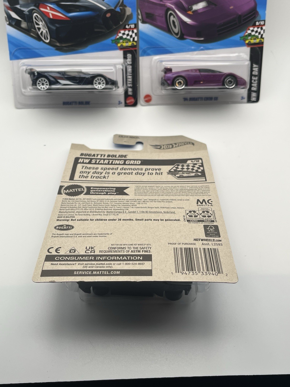 3 Car Hot Wheels Bugatti Lot – ‘94 EB110 SS Purple – Bolide White & Black