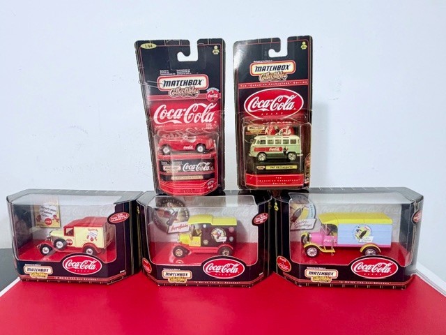 Coca-Cola Matchbox Diecast Collector Lot – VW Bus, Jaguar + 3 Trucks Bundle