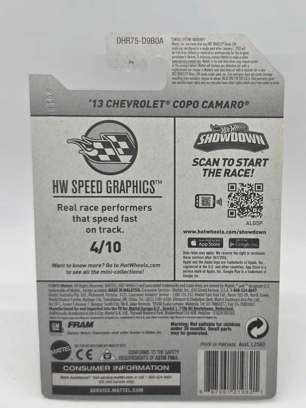Hot Wheels ’13 Chevrolet COPO Camaro FRAM Orange Speed Graphics 4/10 Sealed