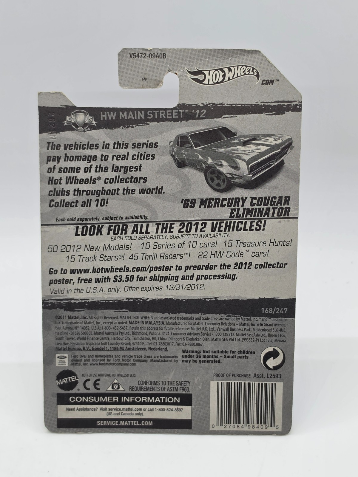 2012 Hot Wheels ’68 Mercury Cougar Eliminator HW Main Street Red 8/10 #168/247