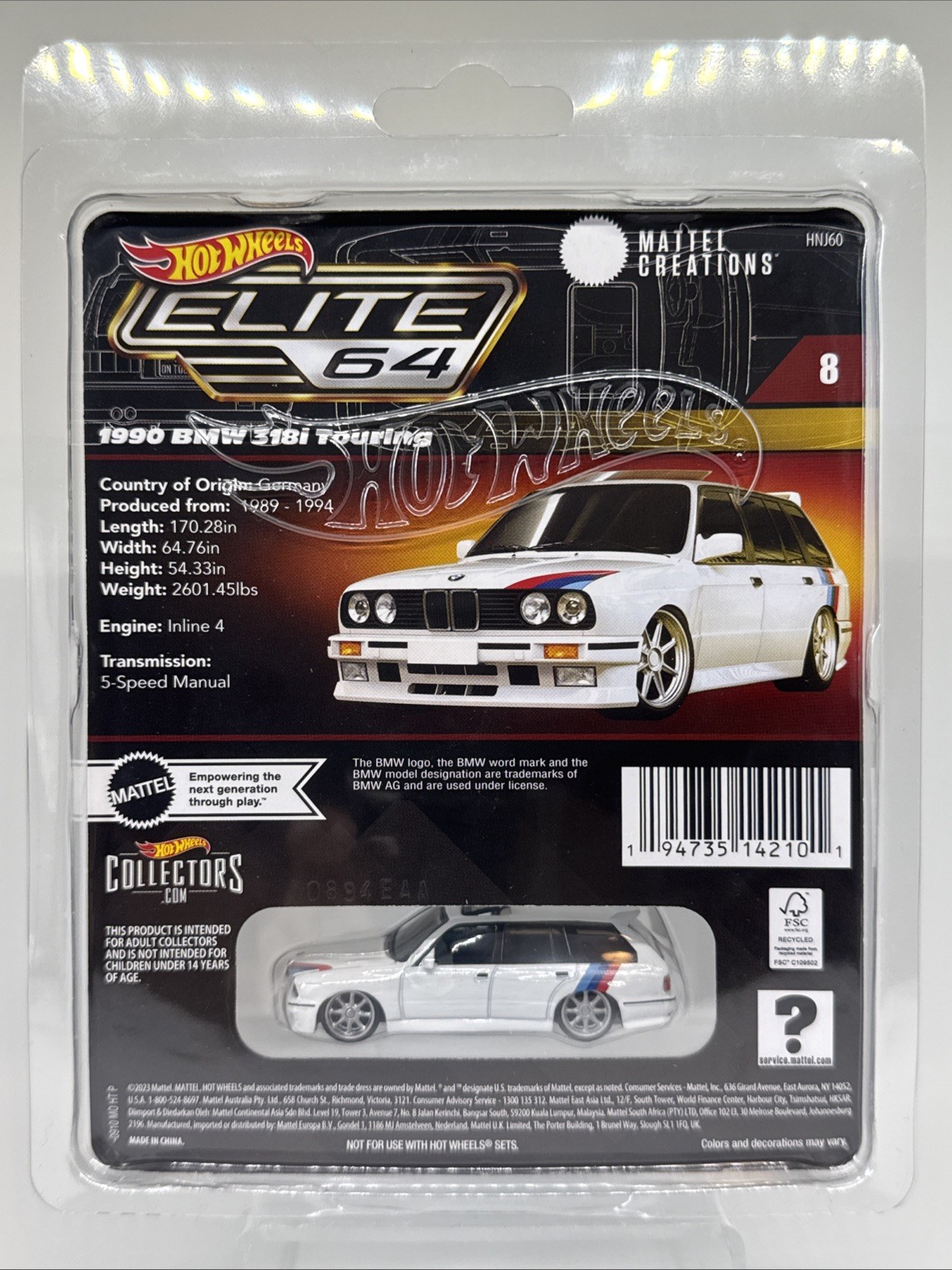 Hot Wheels Elite 64 #8 1990 BMW 318i Touring White 1:64 Diecast Real Rider HNJ60