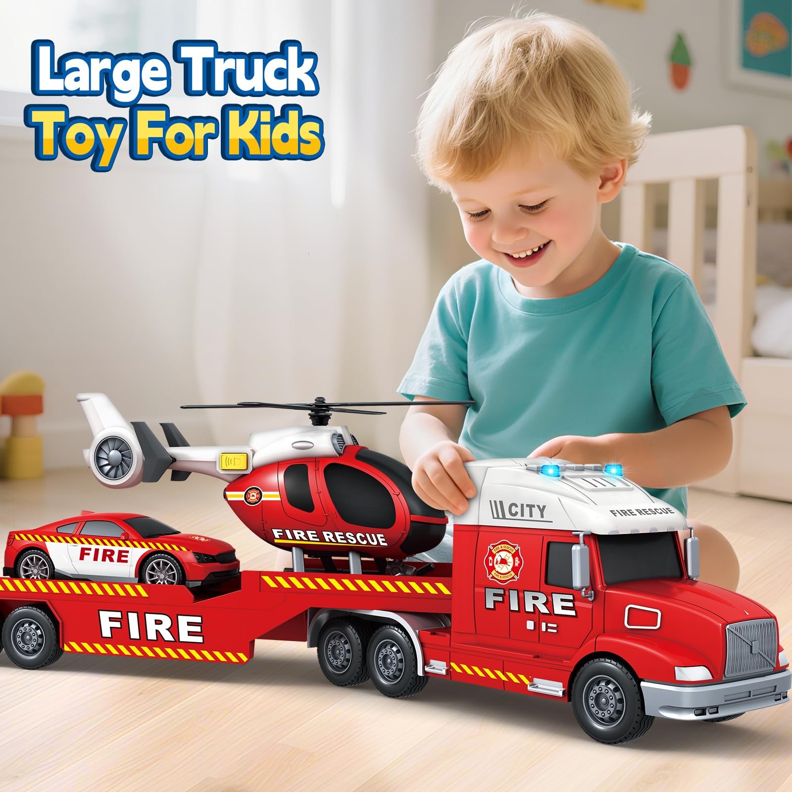 Boys Toys, 3 4 5 Large Fire Truck Toys with Lights Sounds, Truck Car with Rac…