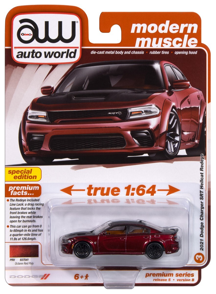 2024 AUTO WORLD 1:64 PREMIUM 5B *OCTANE RED* 2021 Dodge Charger HELLCAT *NIP*