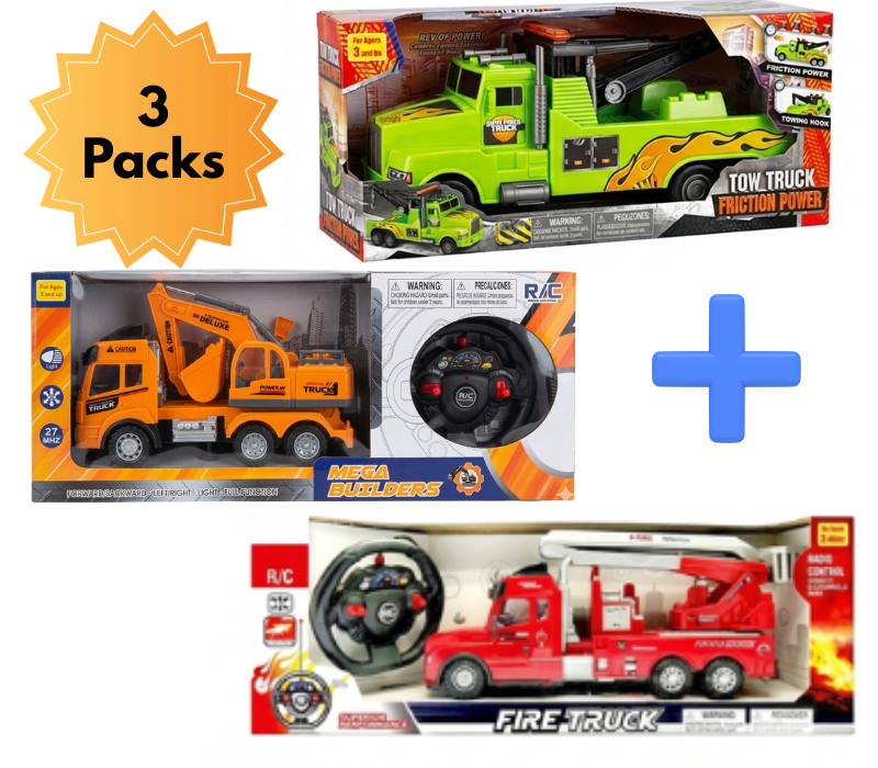 Friction Tow + RC Fire Truck w/ Ladder + RC Construction Truck Kids Toy Bundle