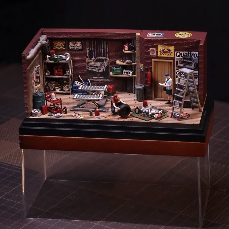 1/64 Garage Diorama with Lights, Miniature Repair Shop Scene Model for Display