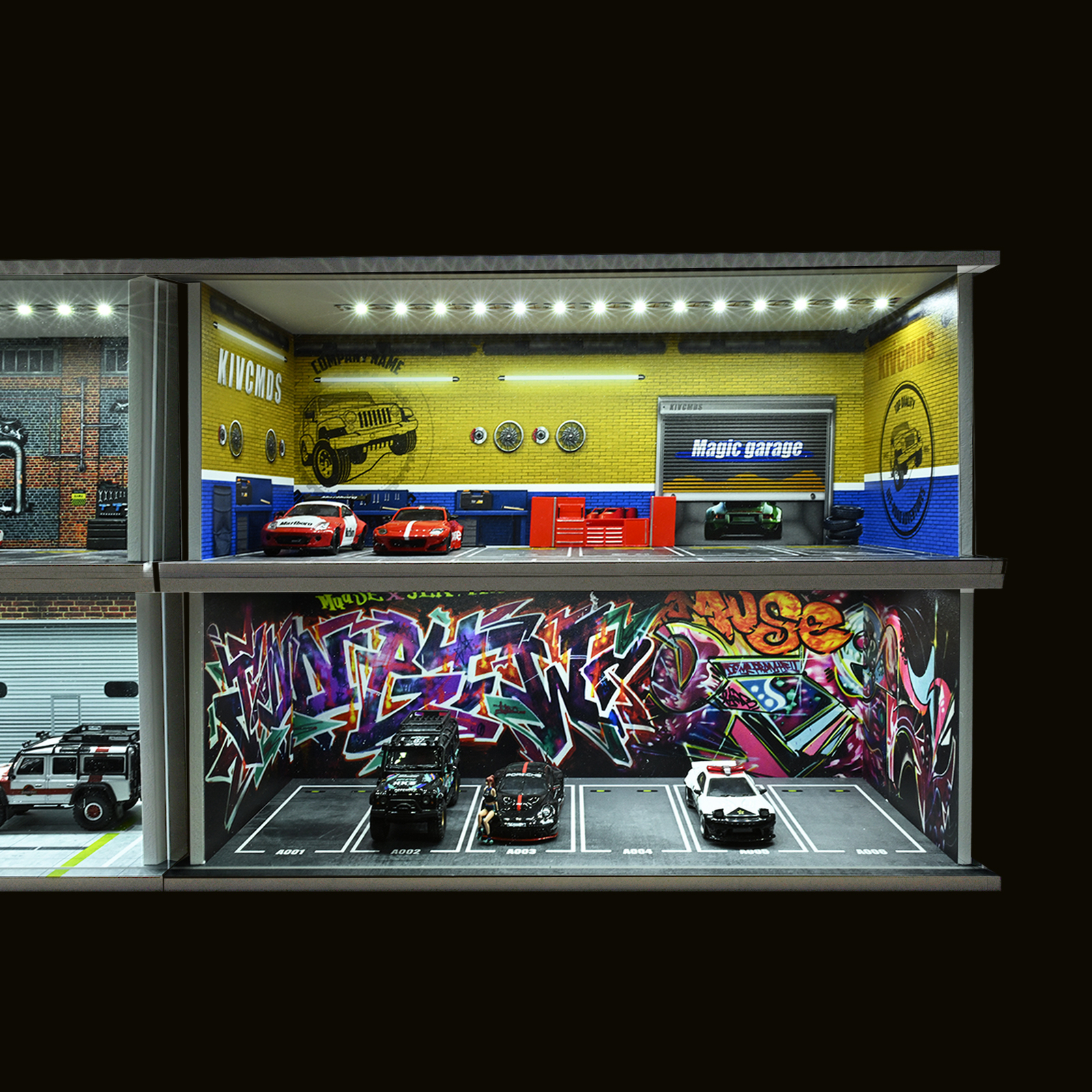 1/64 Diorama Die-cast Car Garage Model LED Lighting City Parking Lot Scene Model