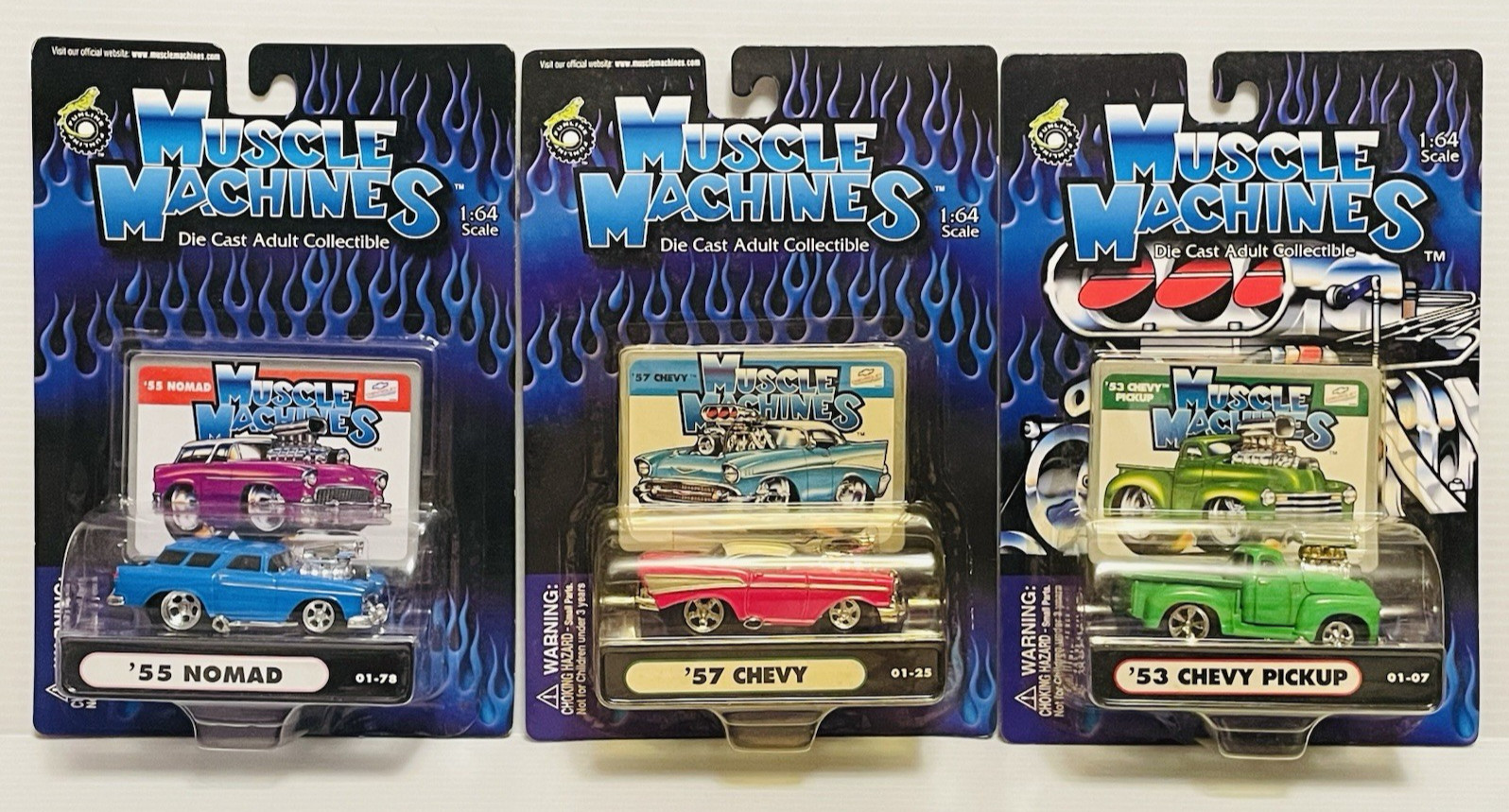 3 Muscle Machines ’55 Nomad ’57 Chevy ’53 Chevy PU 1:64 scale Die Casts Sealed.
