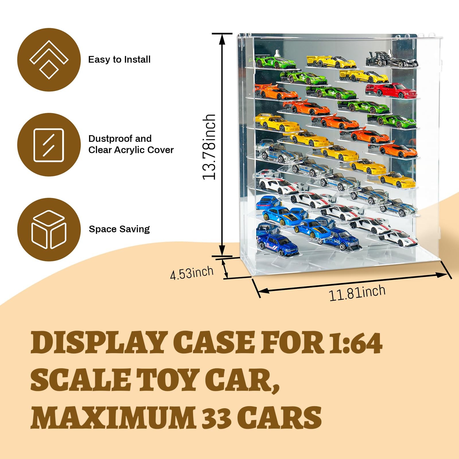 Display Case for Hot Wheels Cars, Silver Backboard with Light,