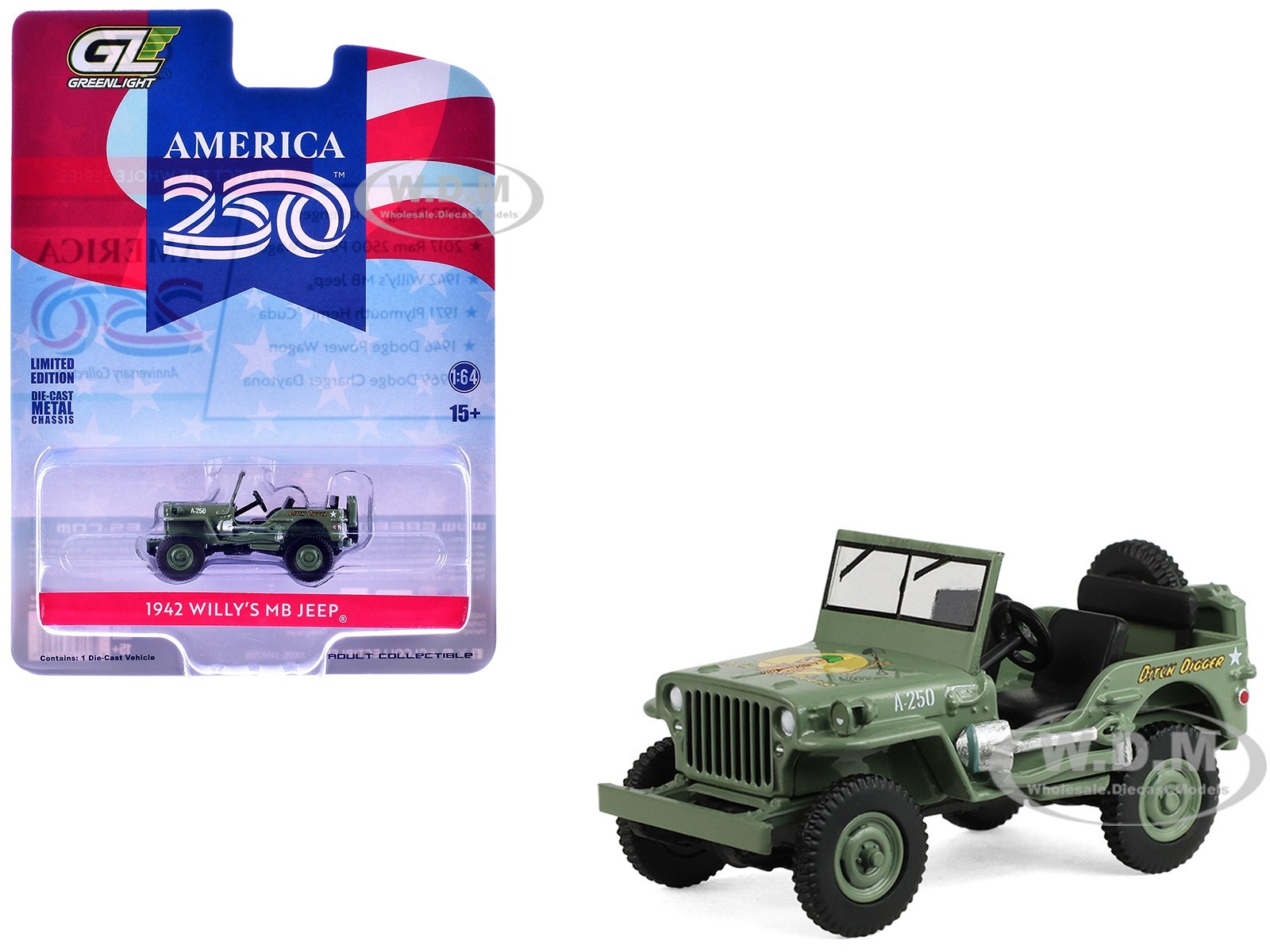 1942 WILLY’S MB JEEP GREEN “AMERICA 250” 1/64 DIECAST CAR BY GREENLIGHT 28180 C
