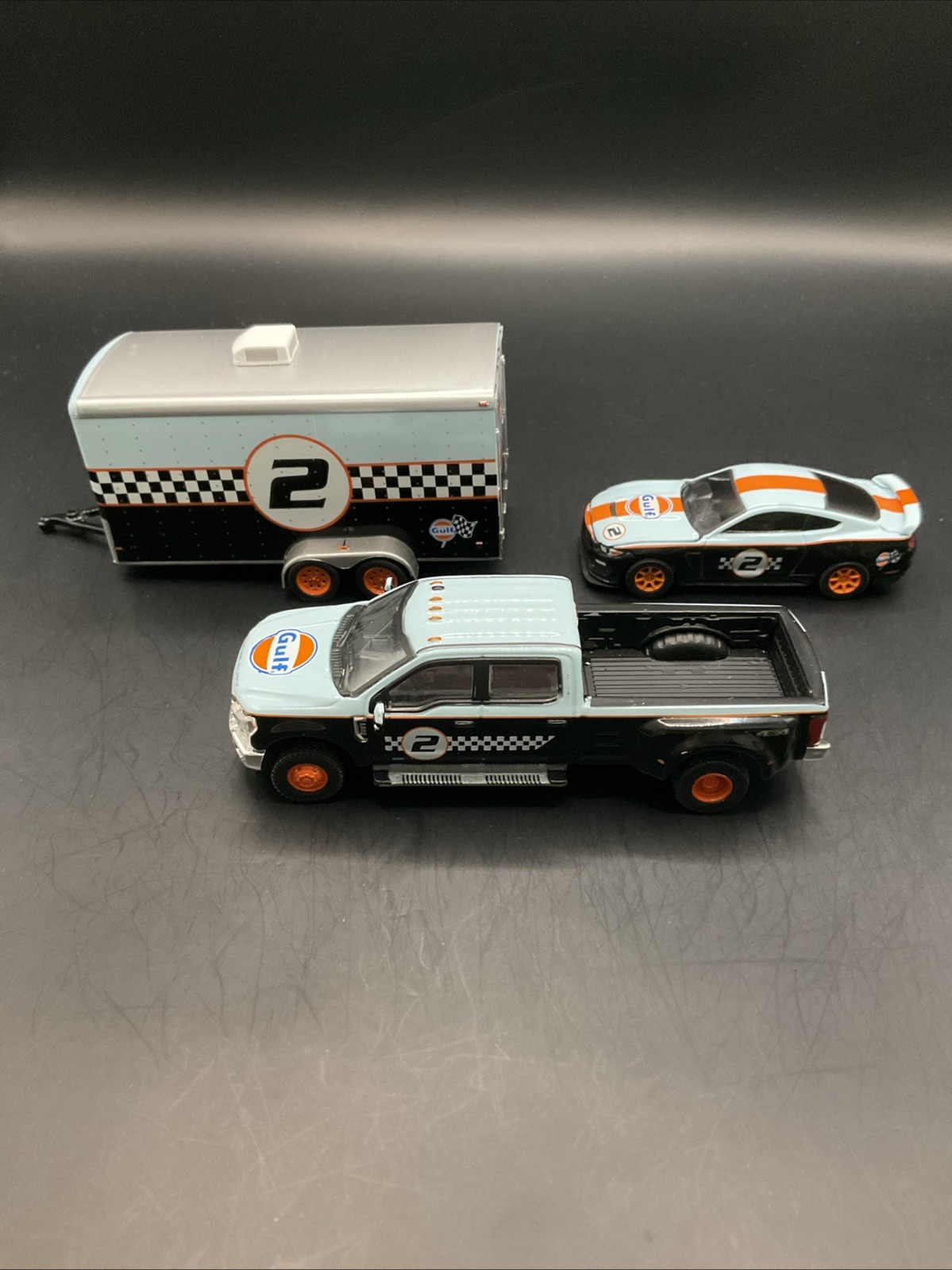 1#2 GL Gulf Ford F-350 Lariat Hitch N Tow ‘19 Ford Set 1/64 Truck, Trailer & Car