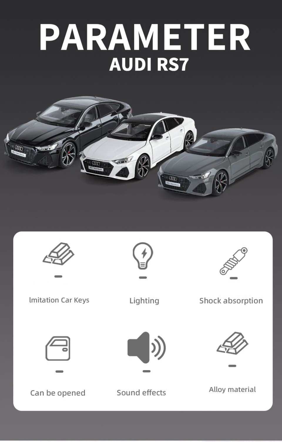 1:18 AUDI RS7 Sportback Key Version Diecast Car Model Sound Light Kid’s Gift