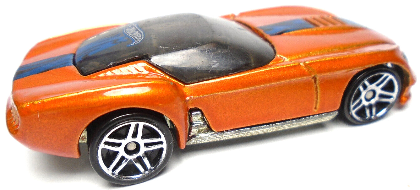 2001 HOT WHEELS PONY-UP ORANGE 1:64 DIECAST 2 3/4″ CAR WITH BLACK & BLUE FLAMES