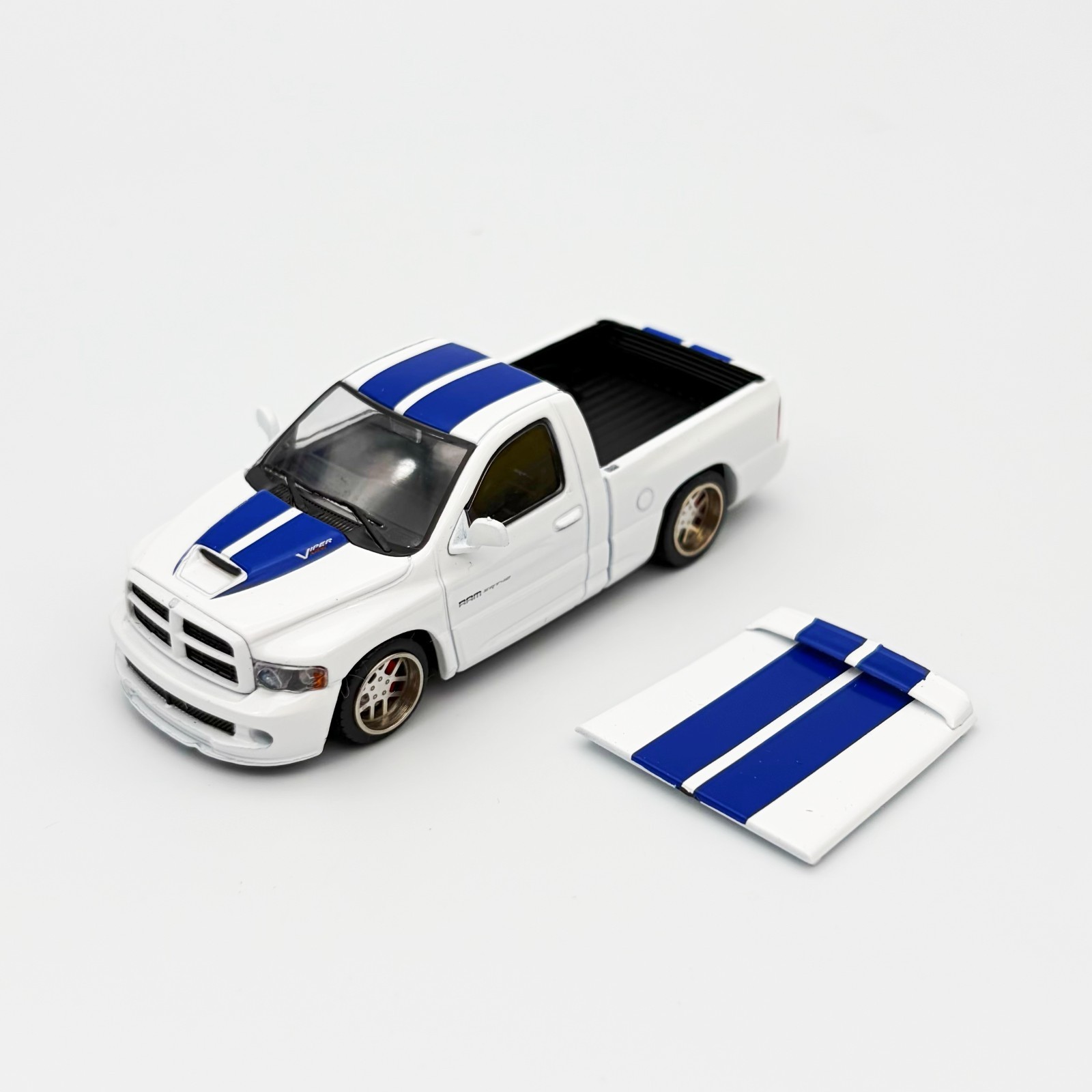 SHOOM64 1:64 2003 Dodge Ram SRT-10 Pickup – White with Blue Racing Stripes