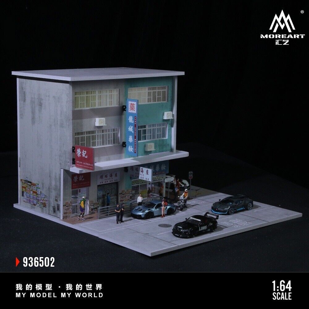US Diorama1:64 Diecast Garage Model LED Street Convenience Shop Building Parking