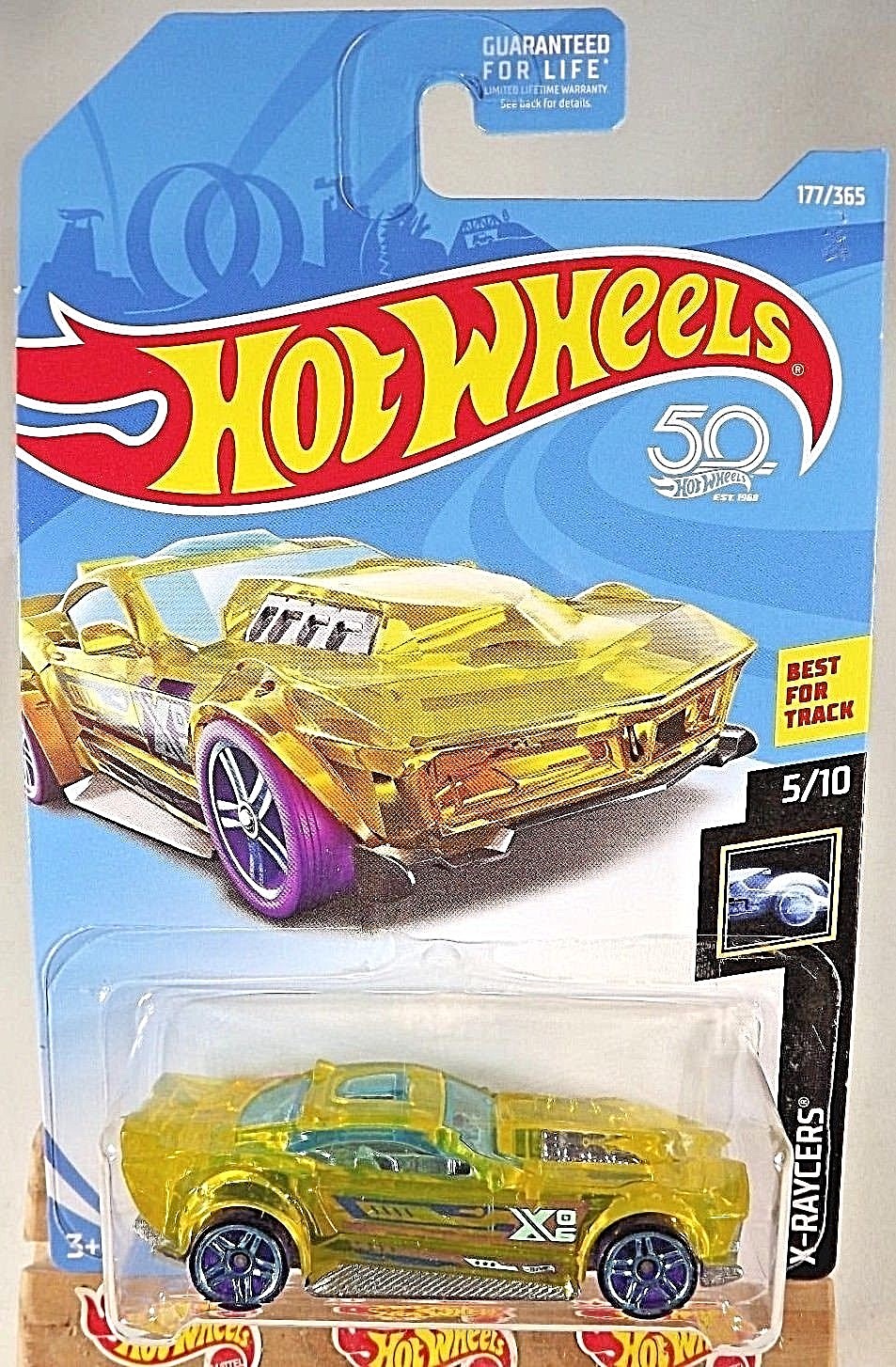 2018 Hot Wheels #177 X-Raycers 5/10 DRIFT ROD Transparent Yellow w/Blue Pr5Spoke
