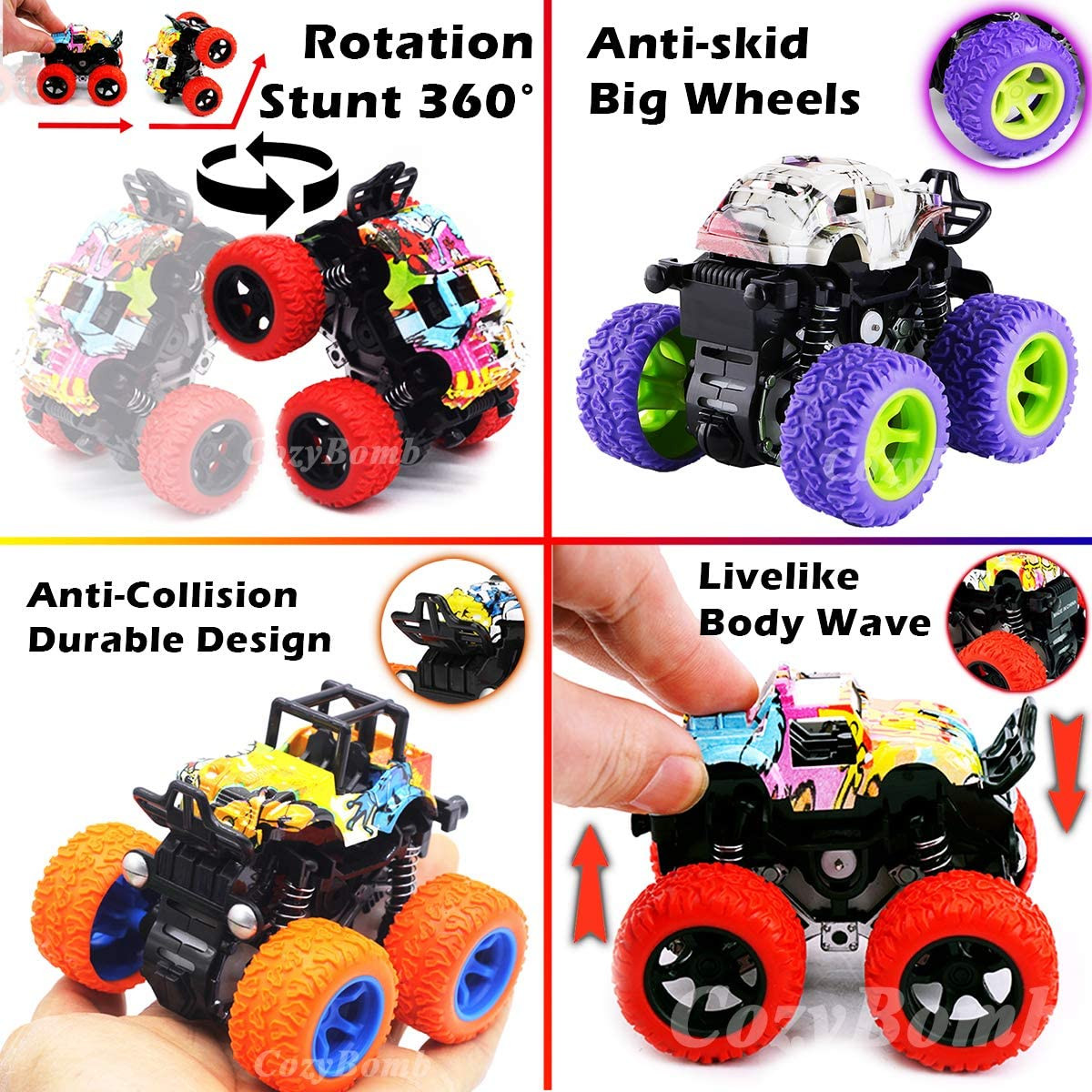 Friction Powered Monster Trucks Toys for Boys/Girls – Push and Go Car Truck Play