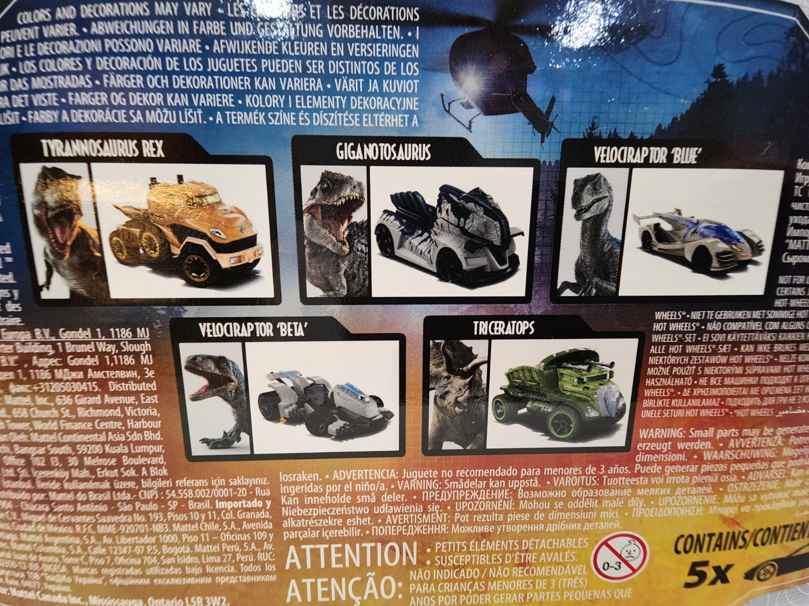 Hot Wheels Jurassic World Dominion 2022 Dinosaur Character Car 5 Pack Box Set