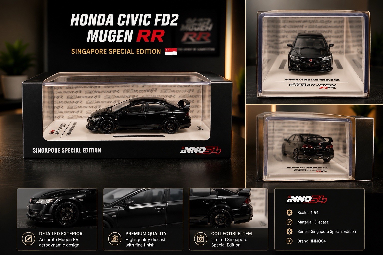 INNO64 1/64 Honda Civic FD2 Mugen RR Black Singapore Special Edition Used RARE