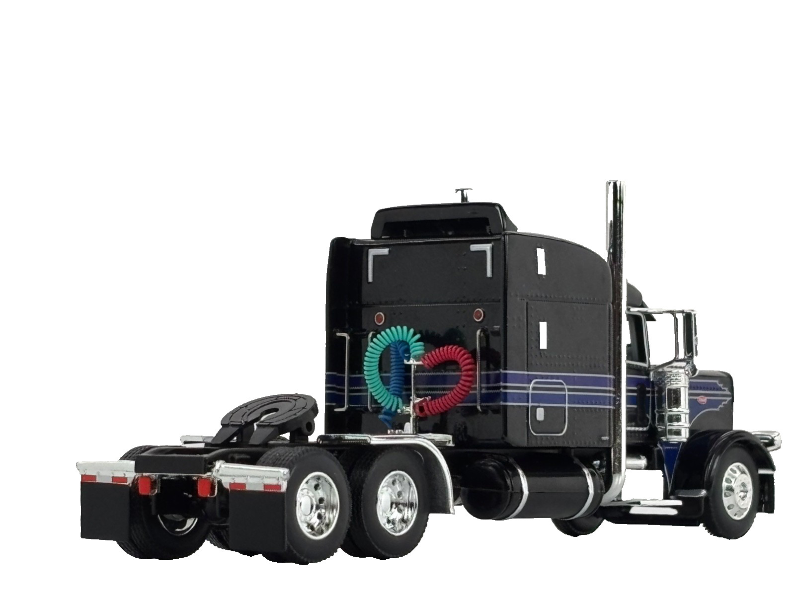 1/64 DCP BLACK/BLUE/SILVER PETERBILT 389 W/ 63″ MID ROOF SLEEPER W/ WHALE TAIL