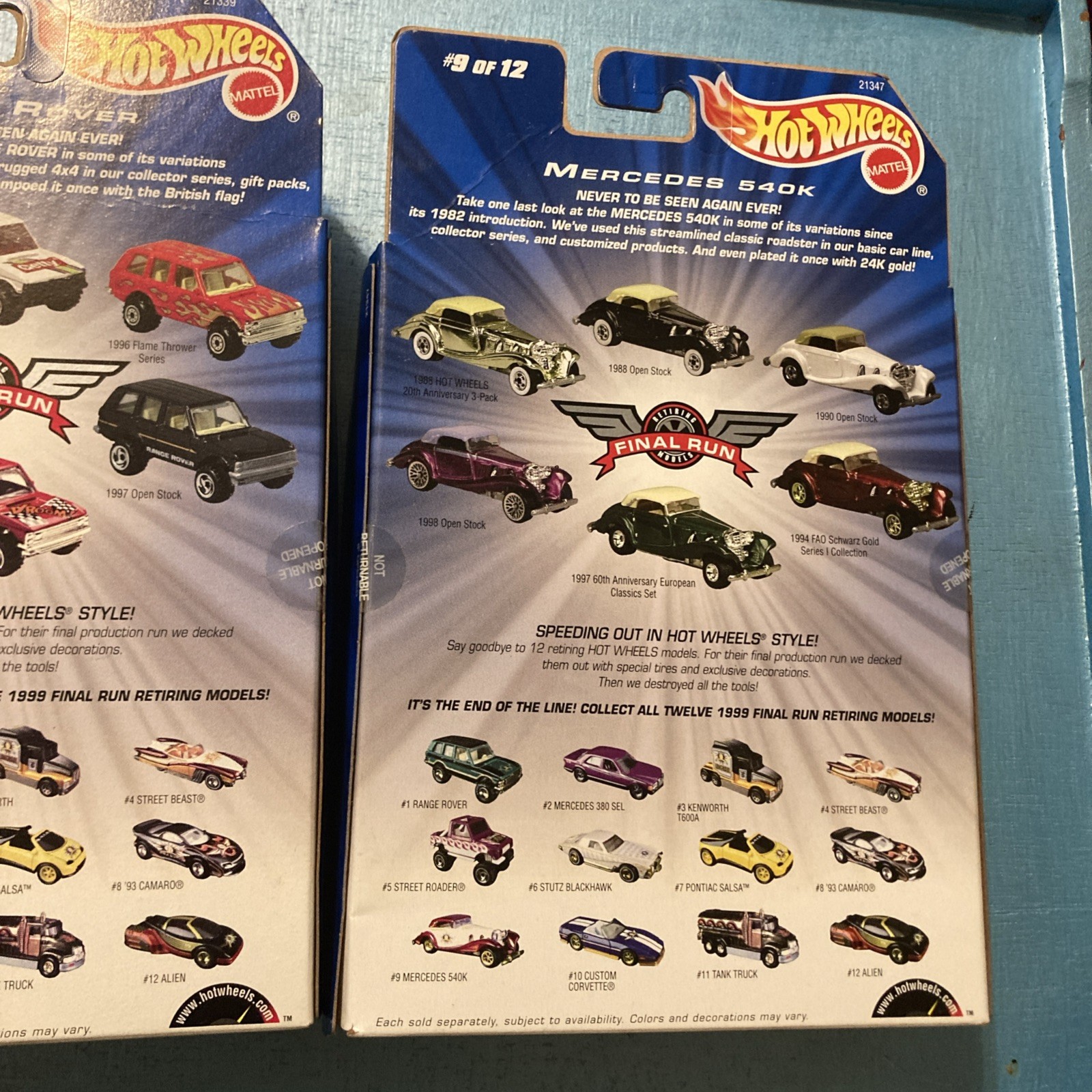 2 Hot Wheels 1999 Final Run Retiring Models #9 Mercedes 540K #1 Range Rover