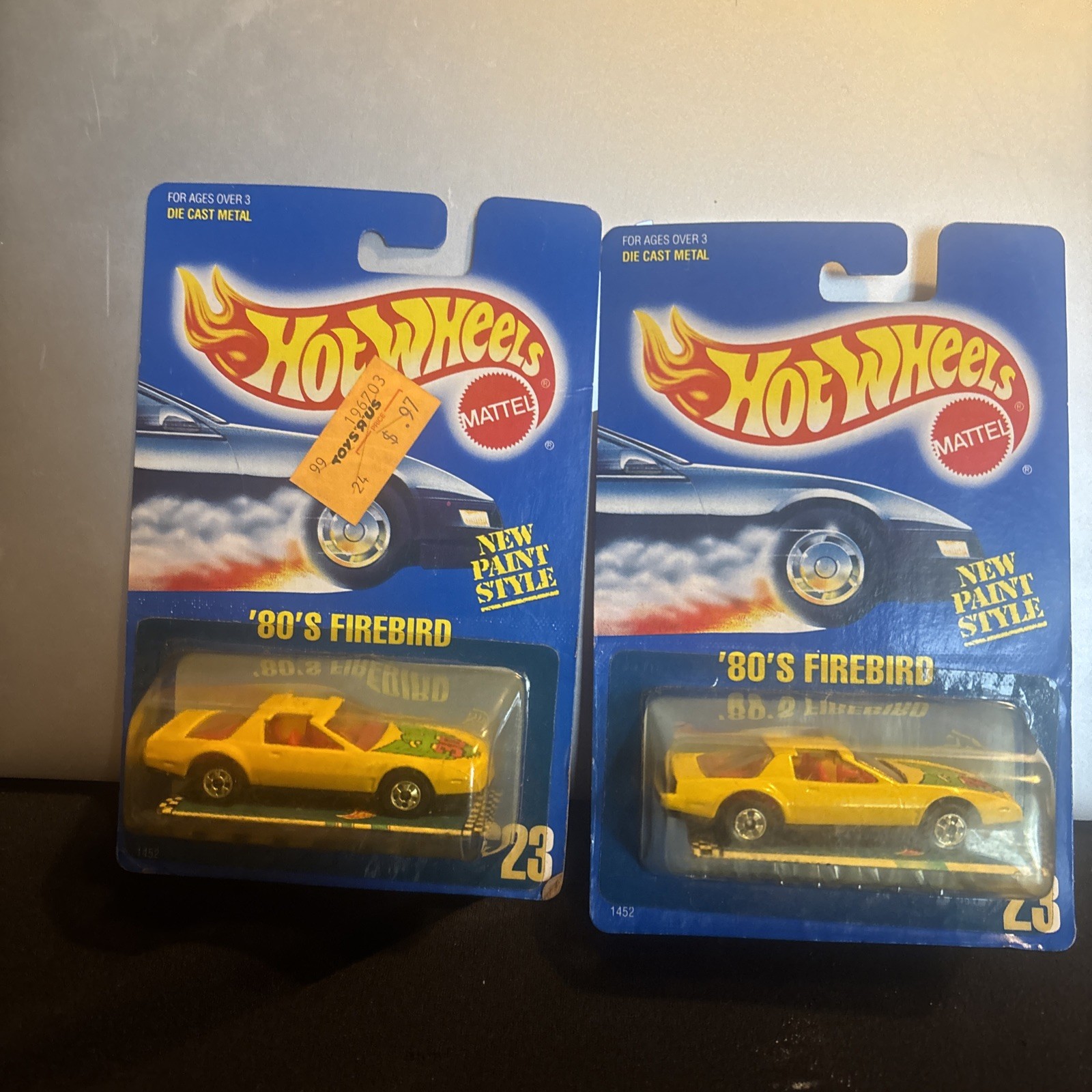 2- 1990 Hotwheels Blue Card Yellow ’80’s Firebird Card 23 New Paint Style