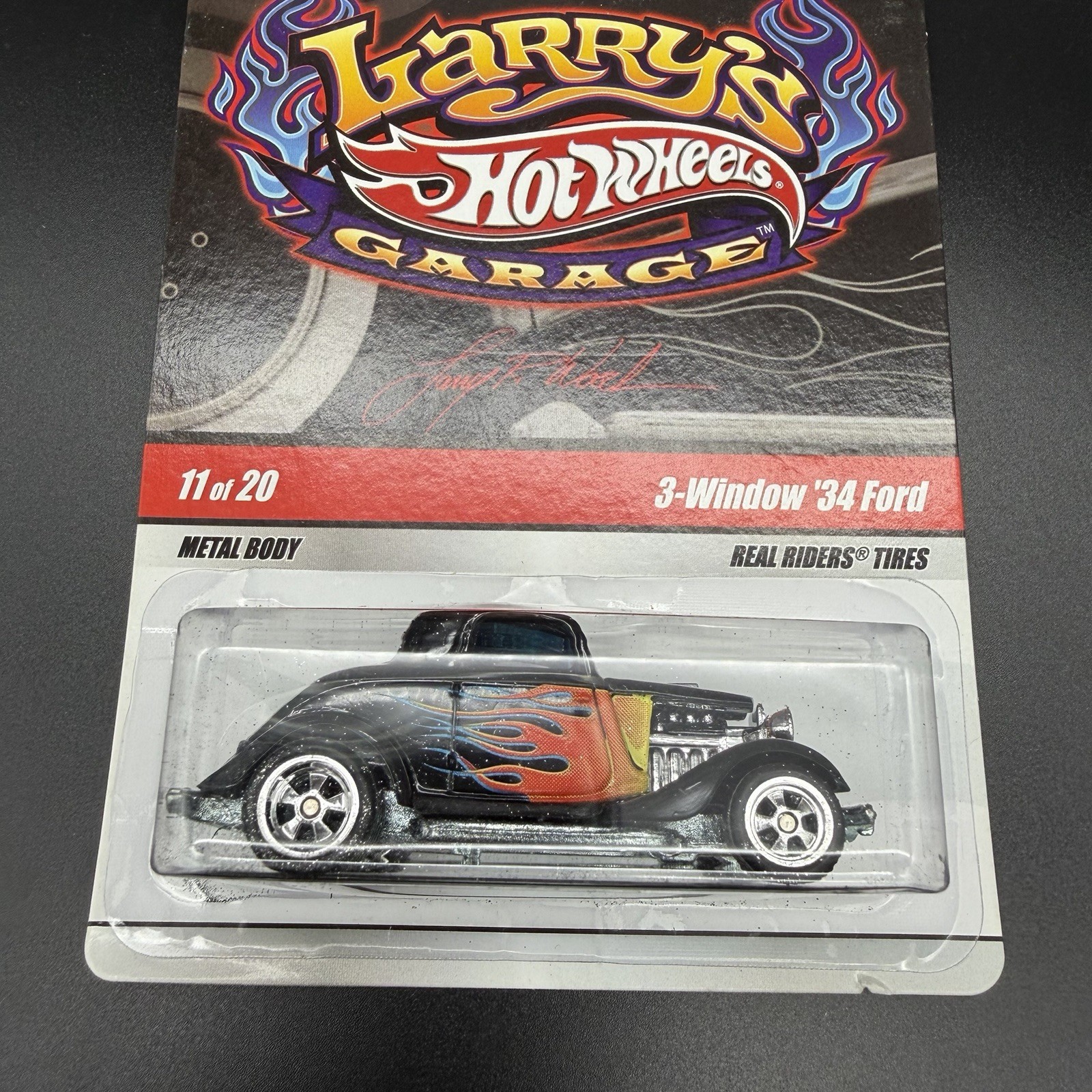 Hot Wheels Larrys Garage 3-Window 34 Ford Black Flames 11/20 Real Riders 2009