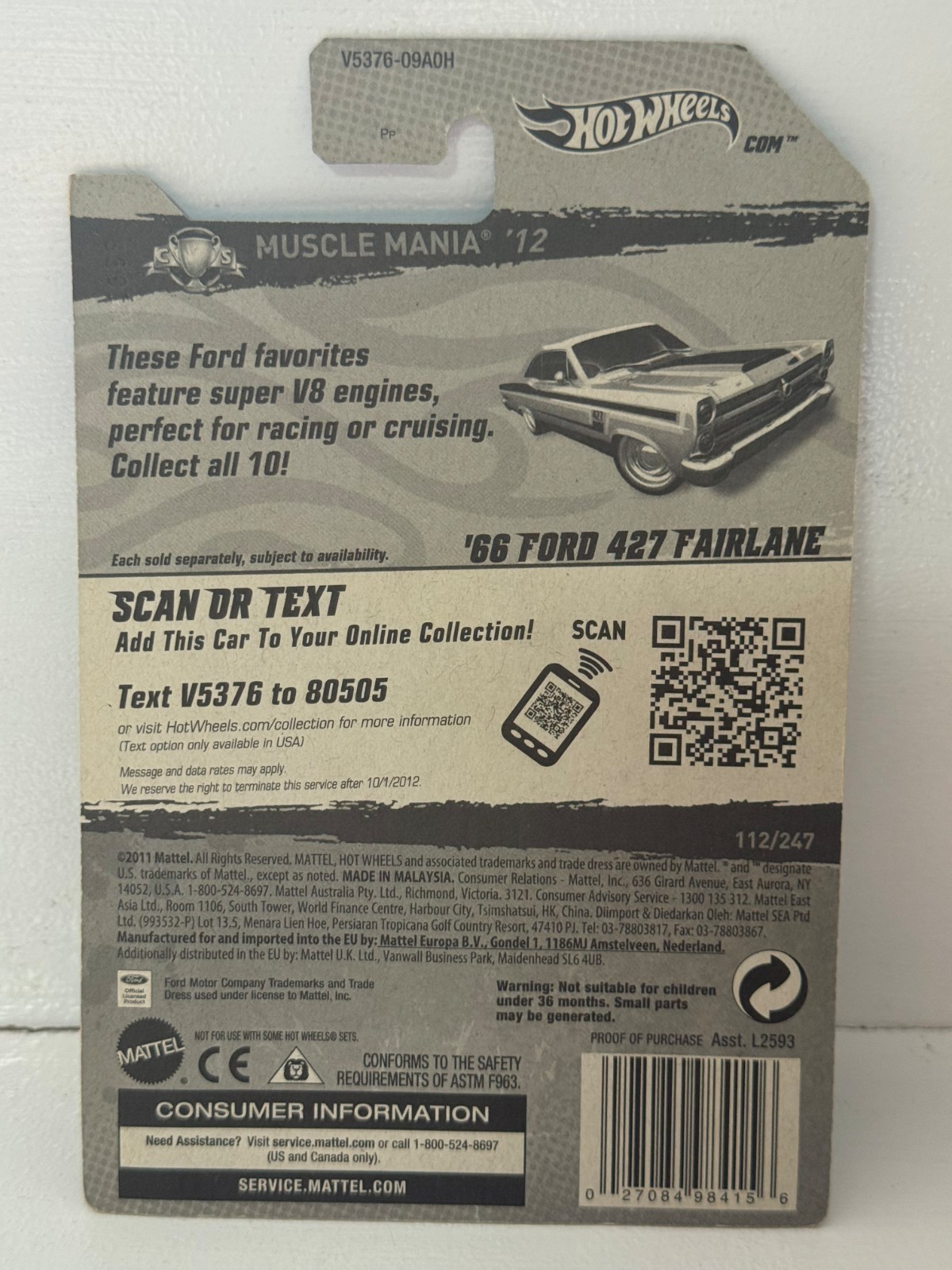 2012 HOT WHEELS SUPER TREASURE HUNT MUSCLE MANIA 2/10 ’66 FORD 427 FAIRLANE 1:64