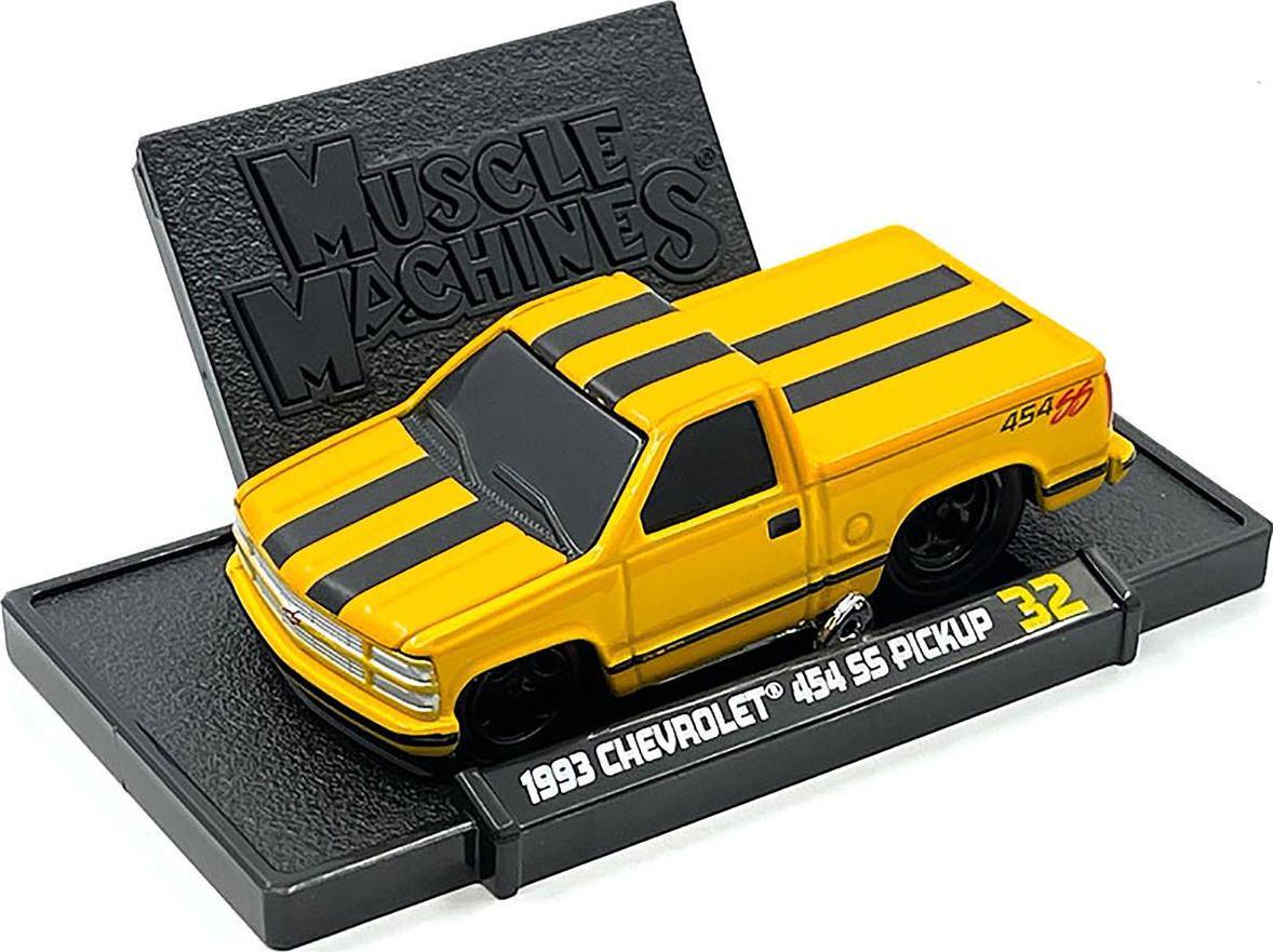 1993 Chevrolet 454 SS Pickup Truck Yellow with Black Stripes 1/64 Diecast Model