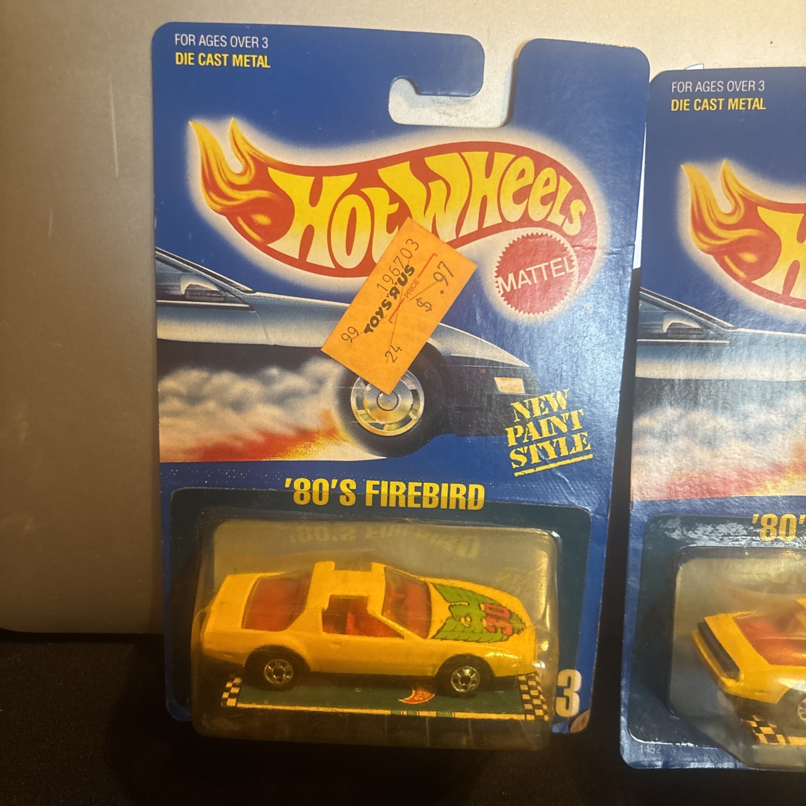 2- 1990 Hotwheels Blue Card Yellow ’80’s Firebird Card 23 New Paint Style
