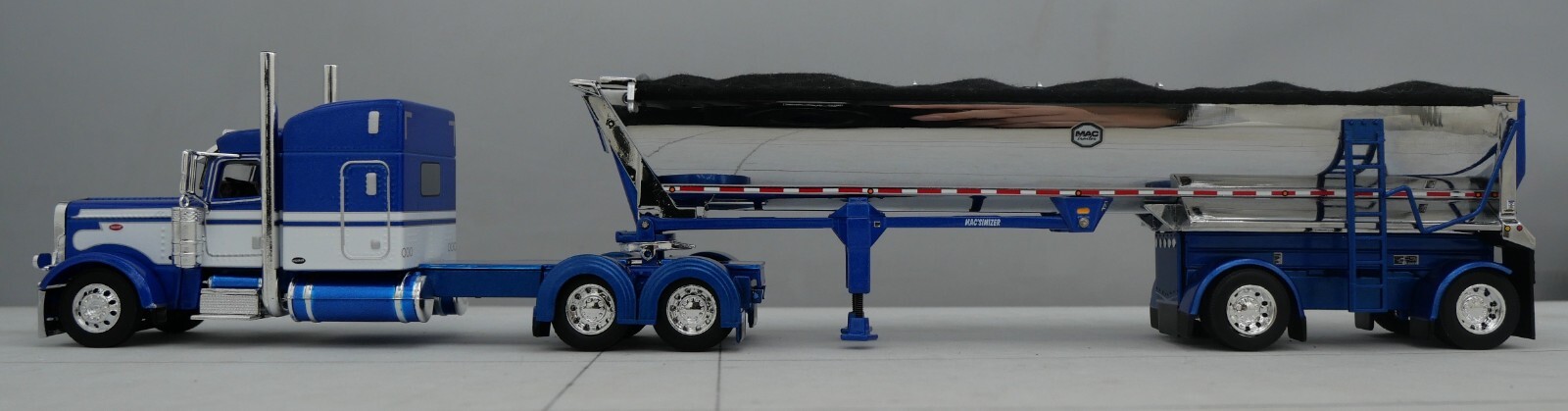 DCP 1/64 Blue White Peterbilt 389 Mac Spread Axle Round Dump Trailer 60-1740